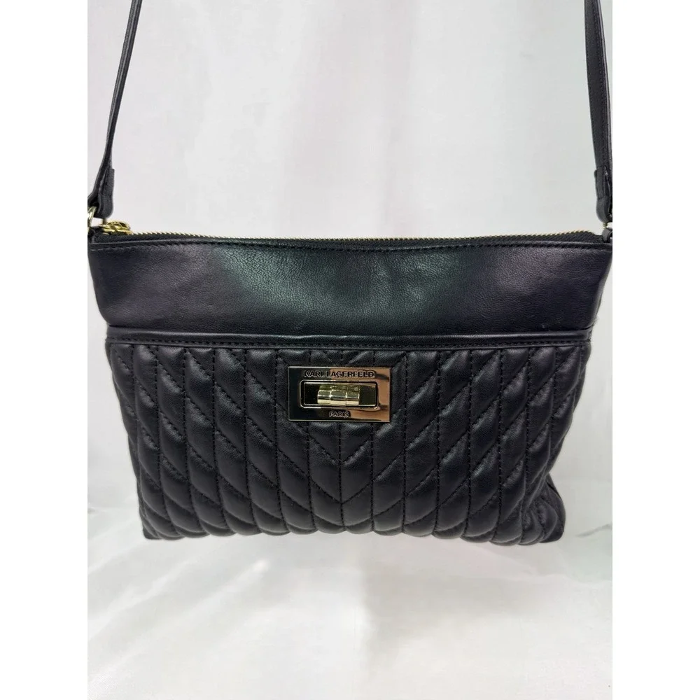 Karl Lagerfeld Paris Quilted Chevron Crossbody Bag Black Gold‎ Tone Zip Top